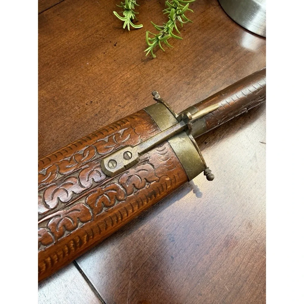Vtg East India Knife & Fork Carving Set Brass Accents Carved Wood Handles